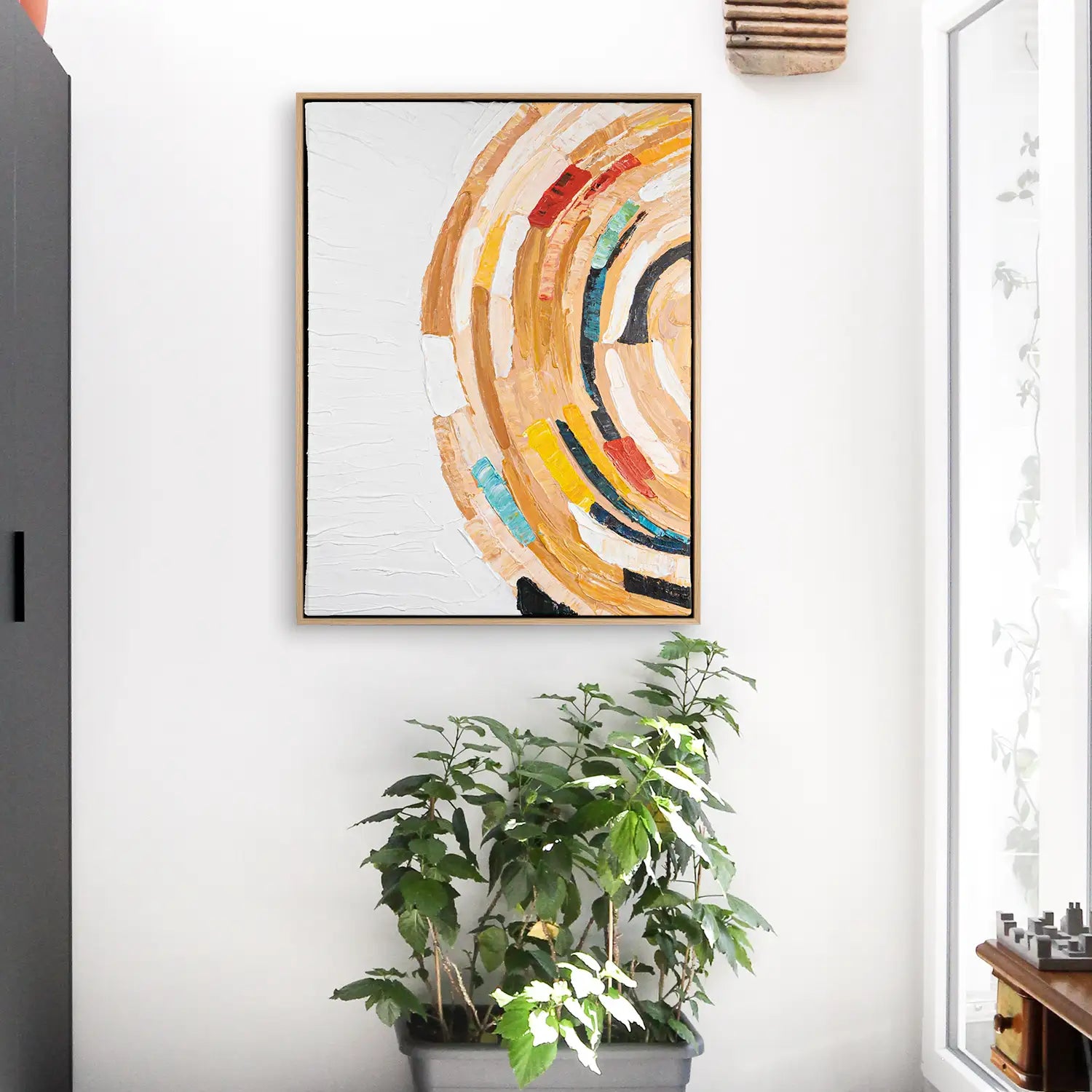 Wandbild 90x120 cm im Rahmen Eiche hell, handgemalt mit Acrylfarbe und Strukturpaste – ein abstrakter Dialog zwischen Grenzen und Freiheit, der die Sehnsucht nach Unendlichkeit verkörpert – „Sehnsucht nach
