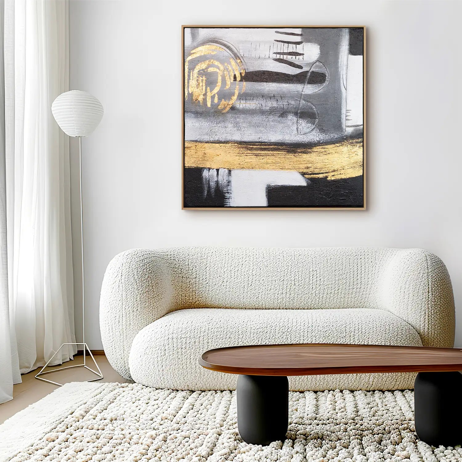 Leinwandbild handgemalt 100x100 cm im Rahmen Eiche hell, moderne Abstraktion in Gold und Grau – „Goldenes Jetzt“