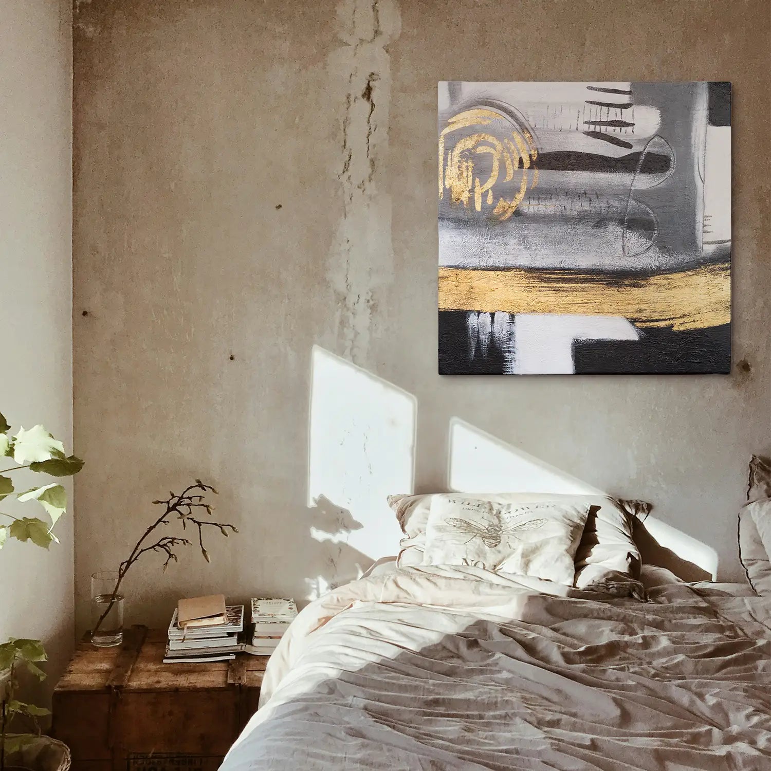 Leinwandbild handgemalt 80x80 cm ohne Rahmen, moderne Abstraktion in Gold und Grau – "Goldenes Jetzt"