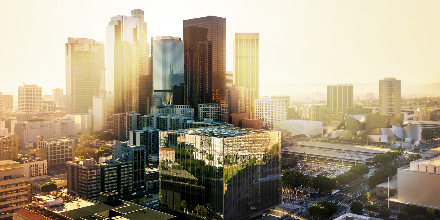 Skyline Los Angeles Sunset als Acrylglasverbund Bild 180x90cm