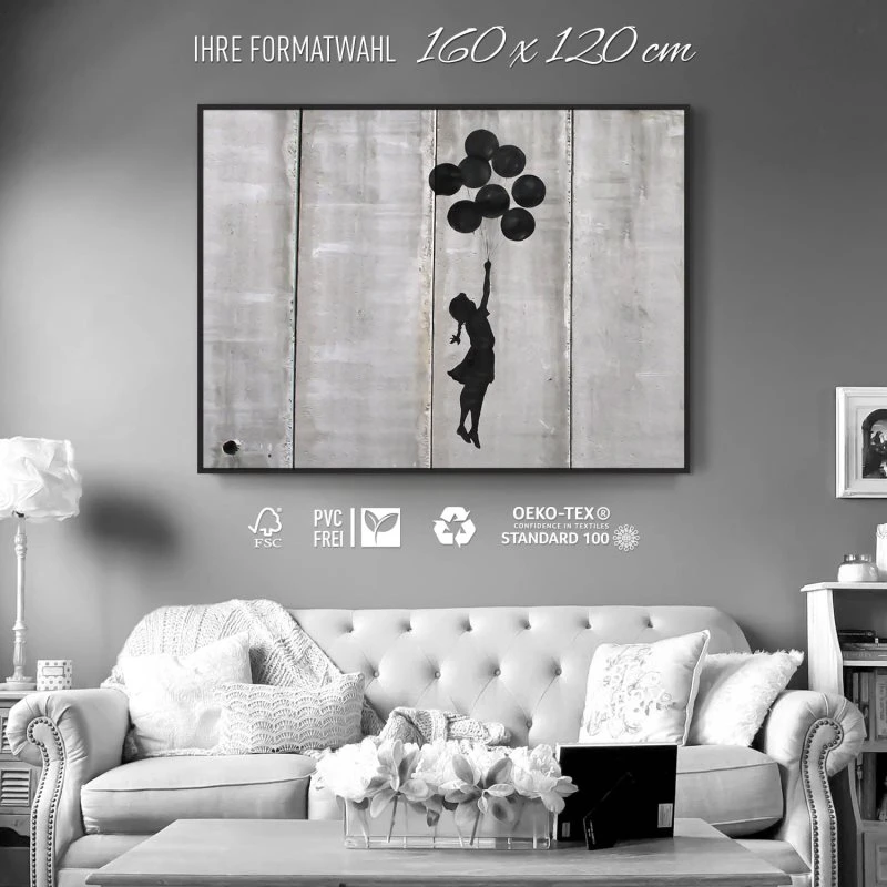Banksy Girl with ballons im schwarzen Bilderrahmen, 160x120cm