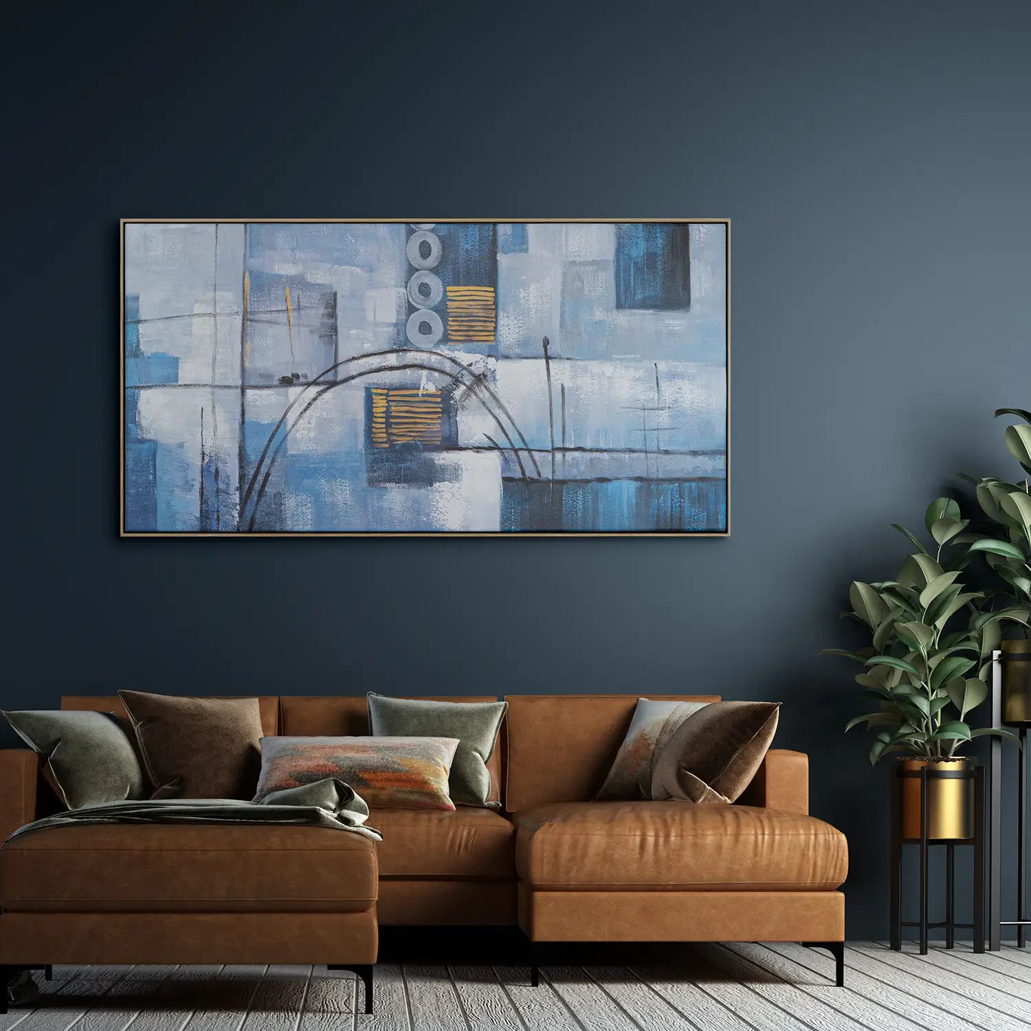 Gemälde 160x80 cm im Rahmen Eiche hell, abstrakte Pfade in tiefem Blau, handgemalt mit Acrylfarbe und Strukturpaste – „Wege der Intuition“