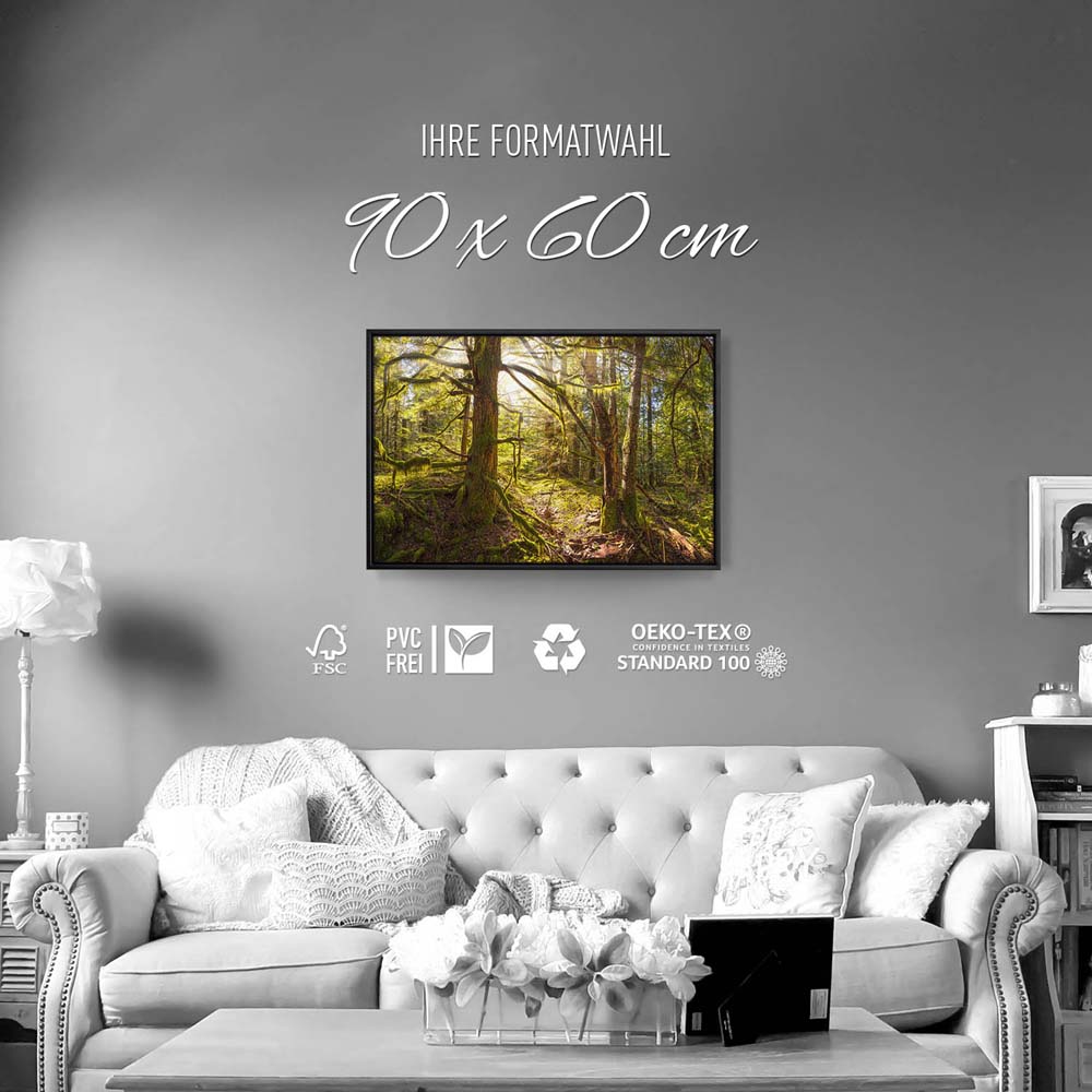 Wald Baum Sonnenhain im schwarzen Bilderrahmen, 90x60cm