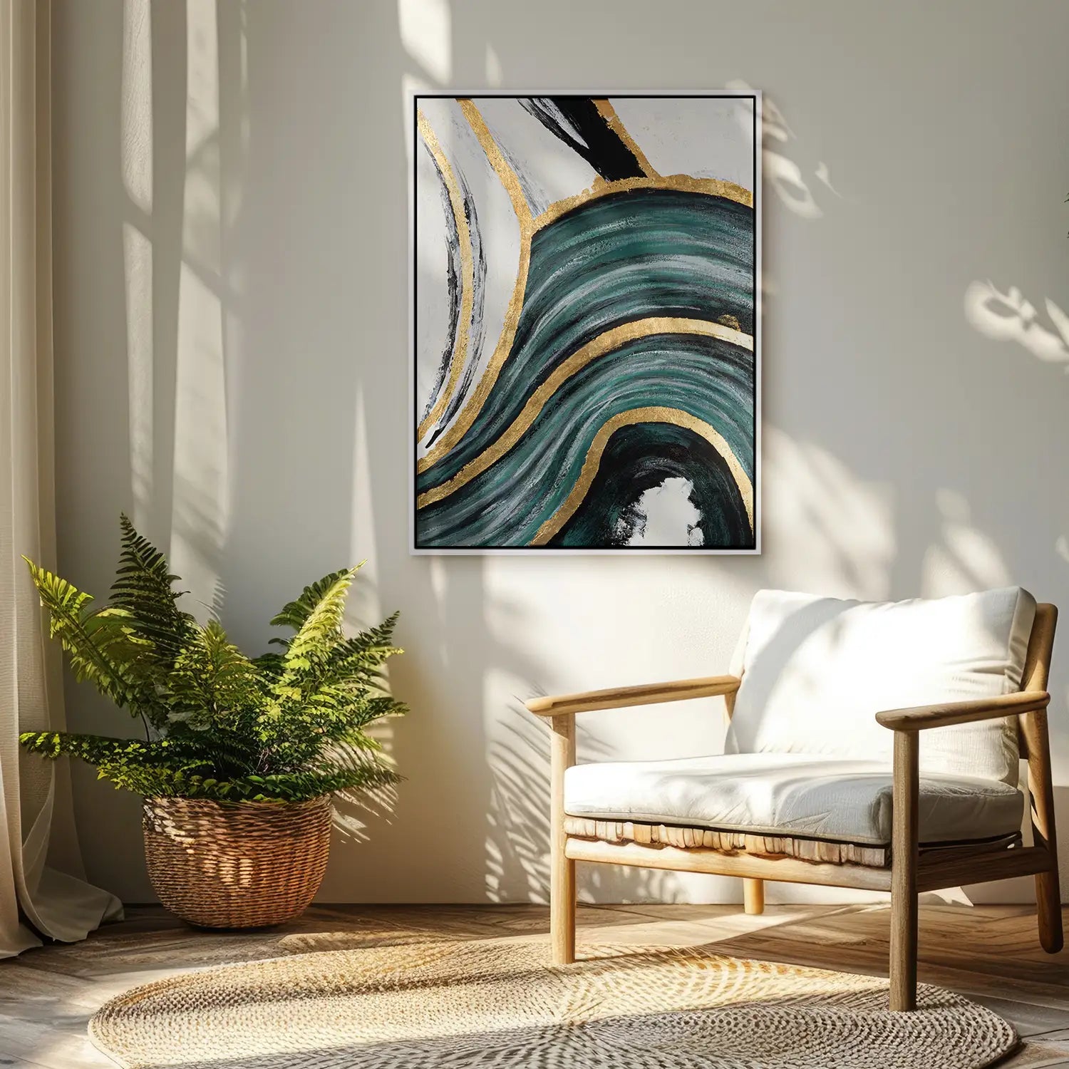 Leinwandbild 60x80 cm im Schattenfugenrahmen Weiß, handgemalt mit Acrylfarbe und Strukturpaste, abstrakte Licht- und Schattenwelten – „Schleier der Wahrheit“