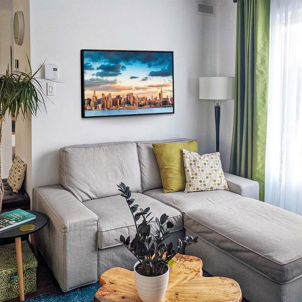 Skyline Panorama von New York im schwarzen Bilderrahmen, 200x150cm