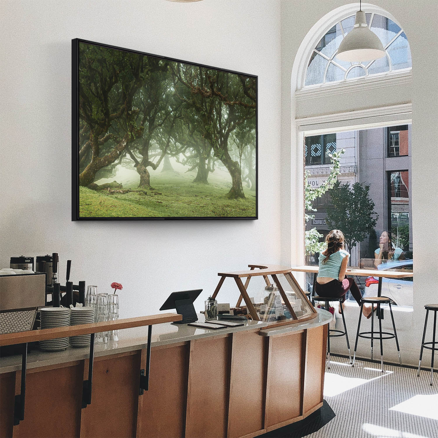 Wald & Bäume Nebel Gestalten im schwarzen Bilderrahmen, 150x50cm