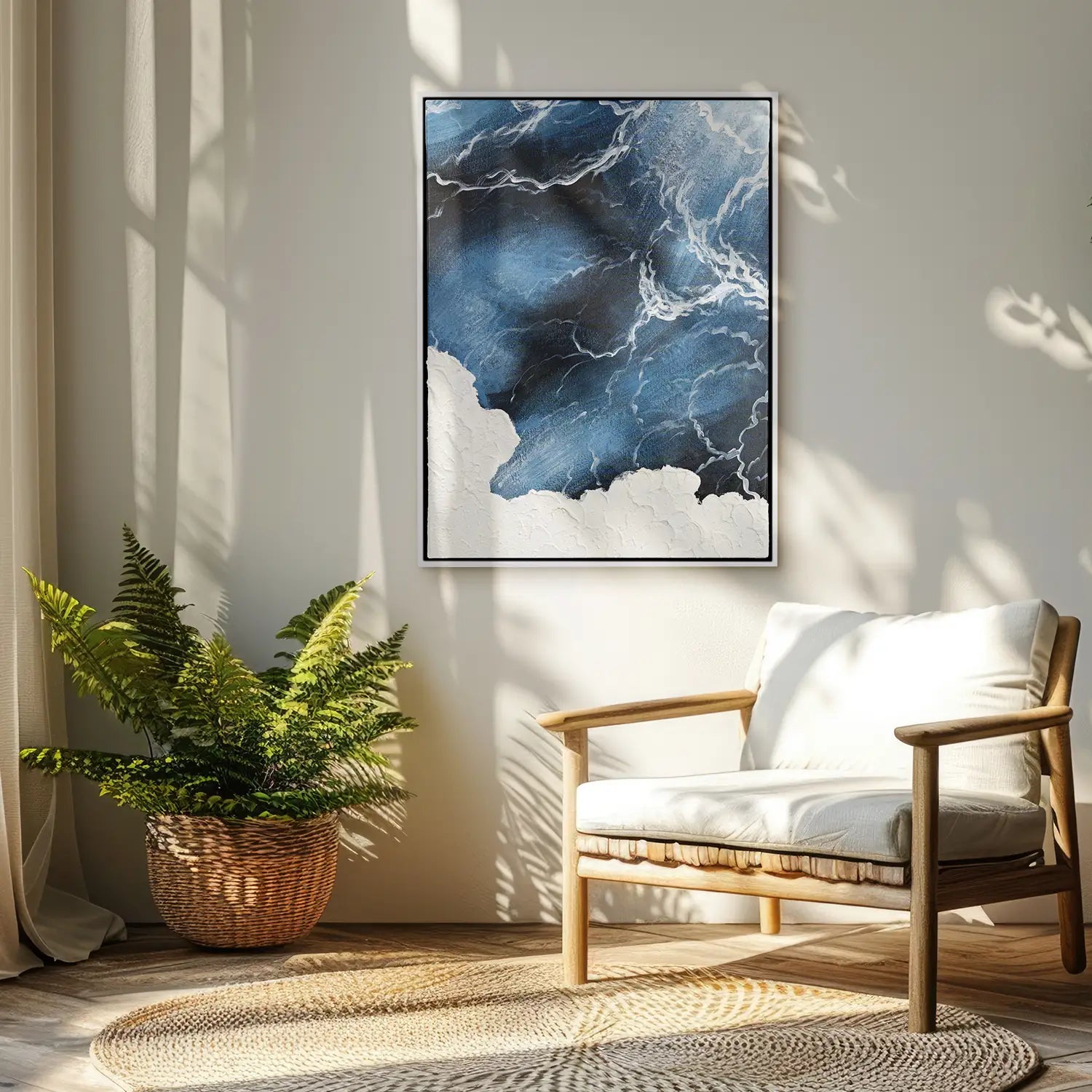 Wandbild 90x120 cm im Schattenfugenrahmen Weiß, handgemalt mit Acrylfarbe, moderne Abstraktion mediterraner Wellen und Meer – „Polarität des Lebens“
