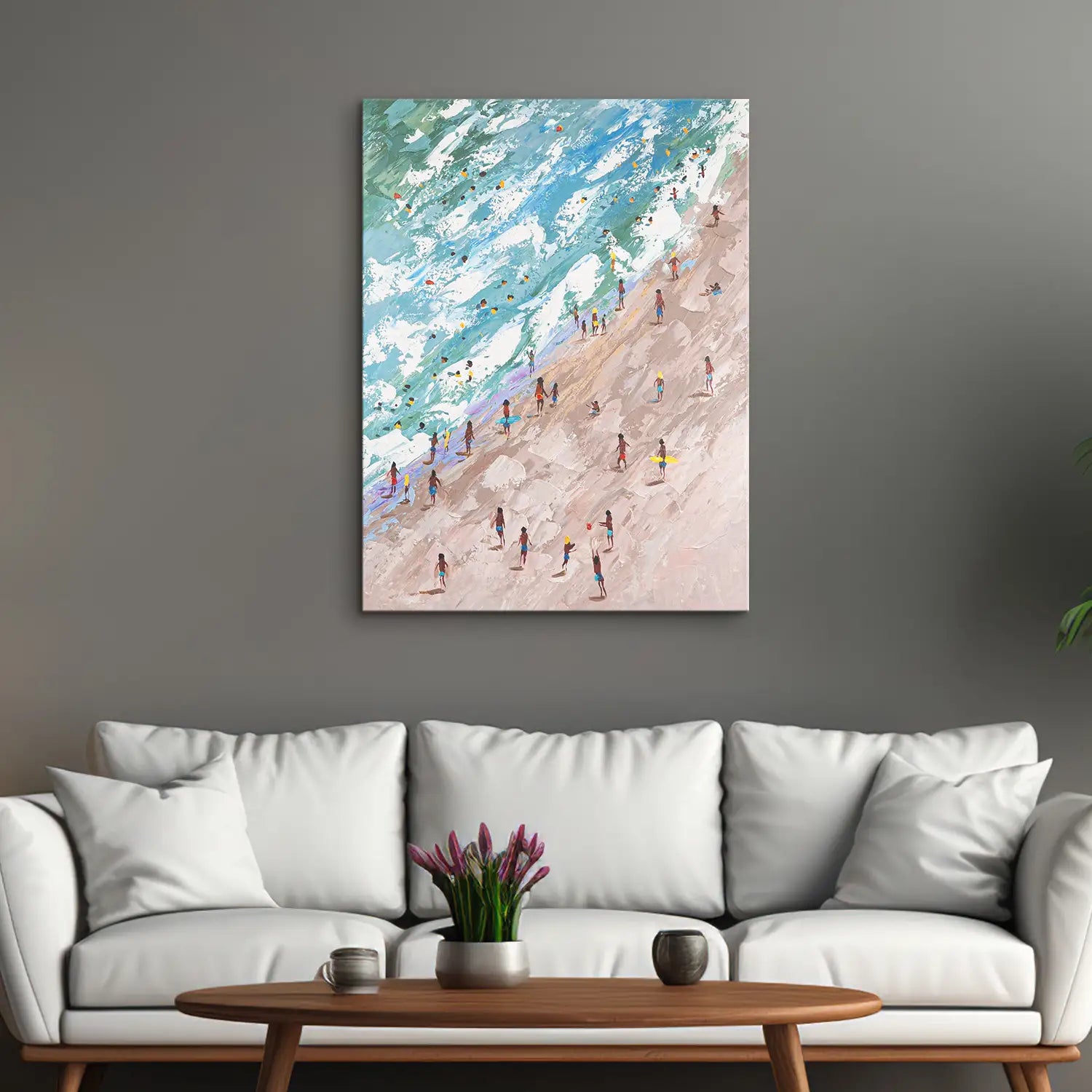 Gemälde 90x120 cm ohne Rahmen in sanften Erdtönen und Meeres-Blau – abstrakte Erkundung der menschlichen Existenz am Strand – „Rätsel der Existenz“ – Raetsel der Existenz