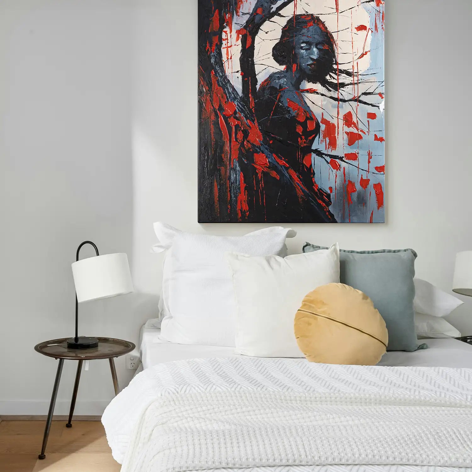 Leinwandbild 90x120 cm ohne Rahmen in Rot und Schwarz, abstrakte Verschmelzung von Baum, Frau und Mond – „Schwarze Phytomorphe“