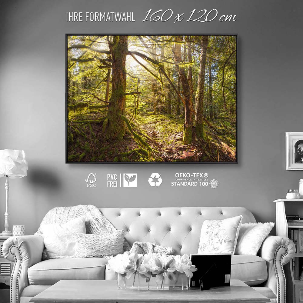Wald Baum Sonnenhain im schwarzen Bilderrahmen, 160x120cm