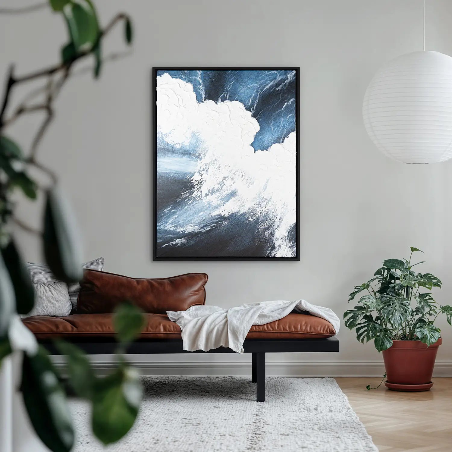 Gemälde 60x80 cm im Schattenfugenrahmen Schwarz, handgemalt mit Acrylfarbe und Strukturpaste – mediterrane Wellen des Lebens III – Polaritäten des Lebens III