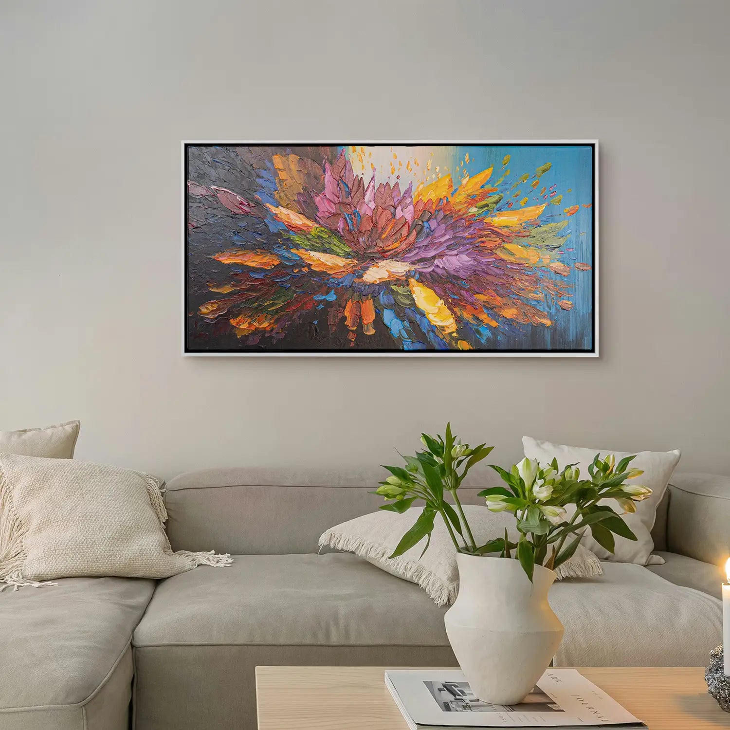 Leinwandbild handgemalt 160x80 cm im Schattenfugenrahmen Weiß, moderne Explosion der Farben, lebendige Abstraktion für Büro, Wohnzimmer und Schlafzimmer – „Tanz der Farben“
