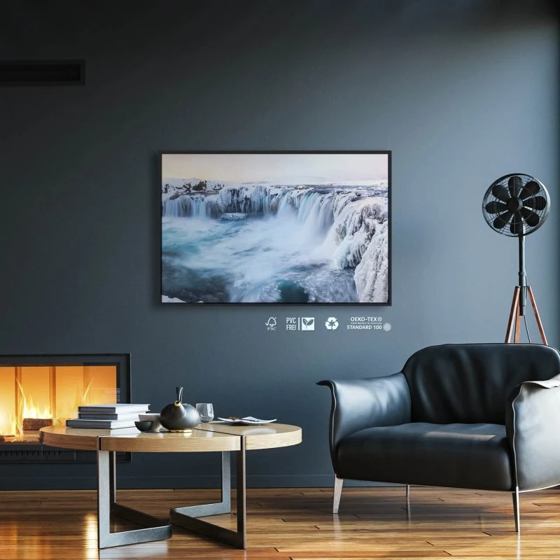 Wasserfall Godafoss, Island im schwarzen Bilderrahmen, 120x60cm