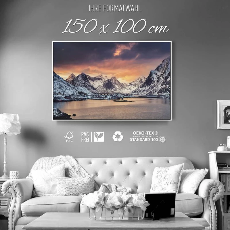 Berge & Gebirge Winter in Norwegen im weißen Bilderrahmen, 150x100cm