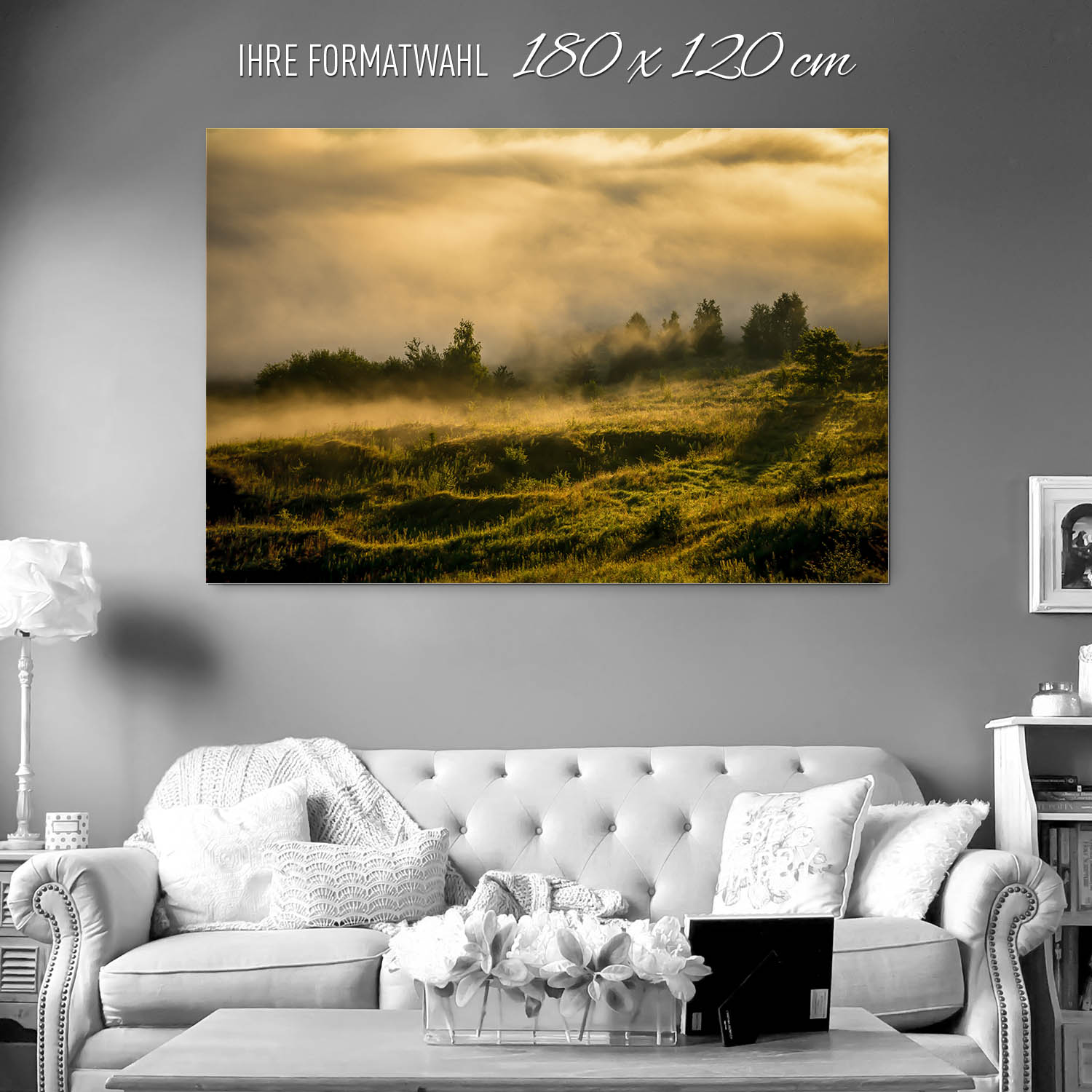 XXL Alu-Dibond Bild 180x120cm groß, Wald Wiese Nebel am Morgen