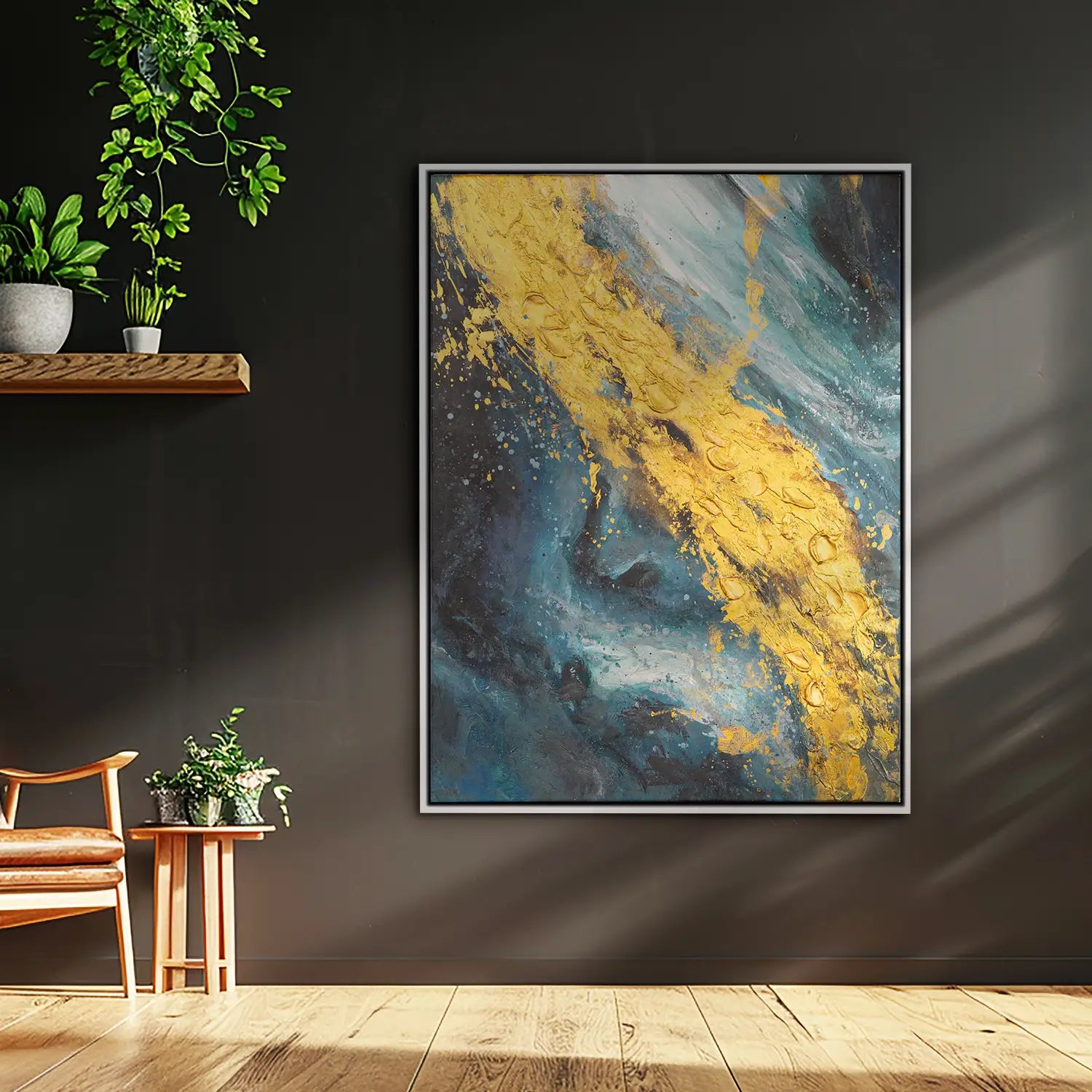 Leinwandbild handgemalt 60x80 cm im Schattenfugenrahmen Weiß, harmonische Explosion in Gold und Grünblau – „Der Raum dazwischen“