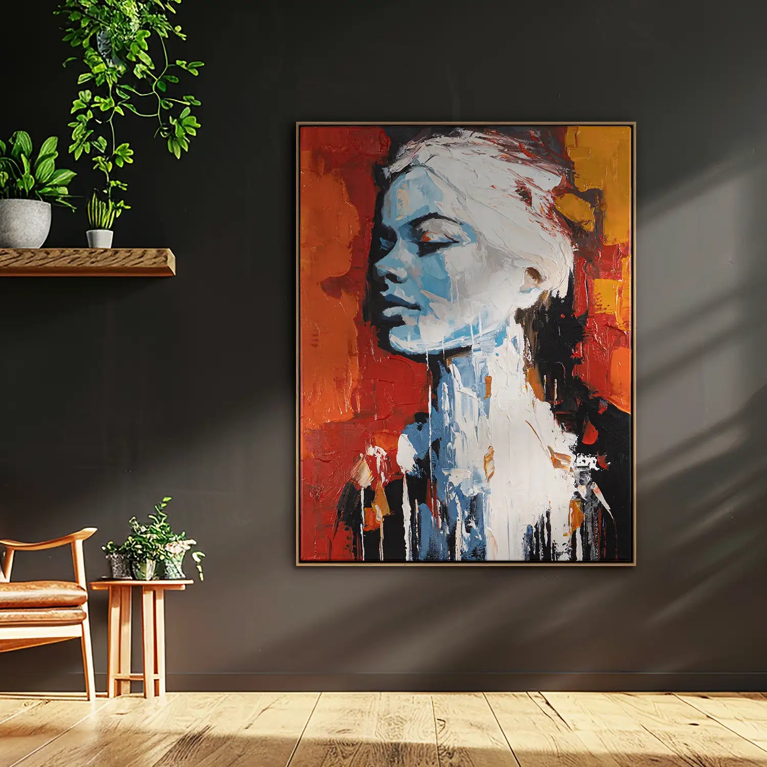Gemälde 75x100 cm im Rahmen Eiche hell – kraftvolles abstraktes Frauenportrait in Rot, Weiß und Blau, handgemalt mit Acryl und Strukturpaste – „Atalante“