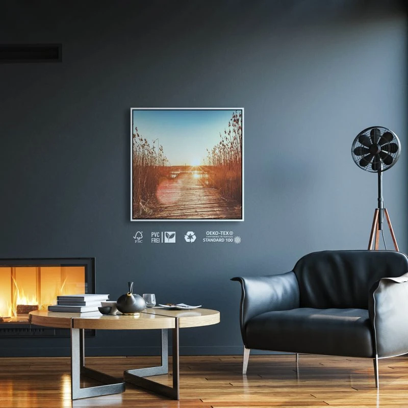 Flüsse & Seen Bootsteeg im weißen Bilderrahmen, 80x80cm