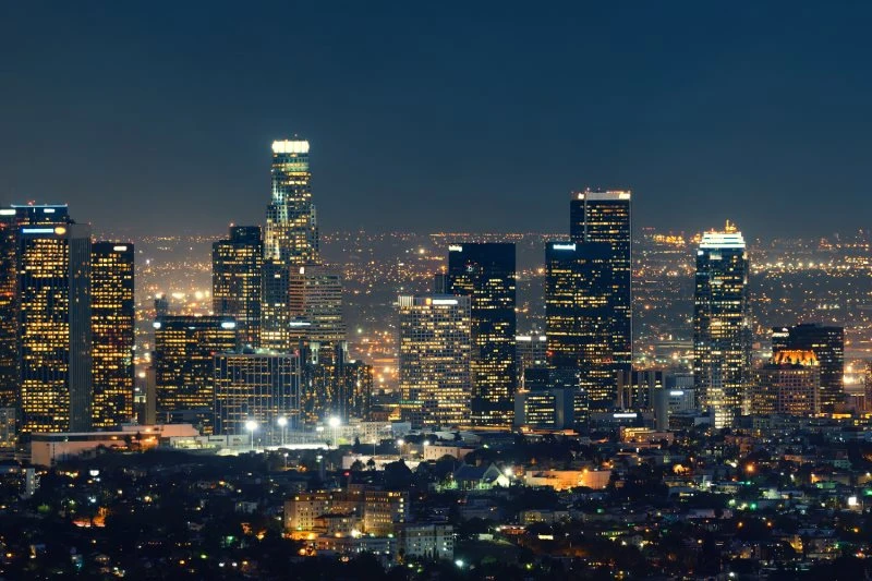 Skyline Los Angeles Nachts als Alu-Dibond Bild 90x60cm