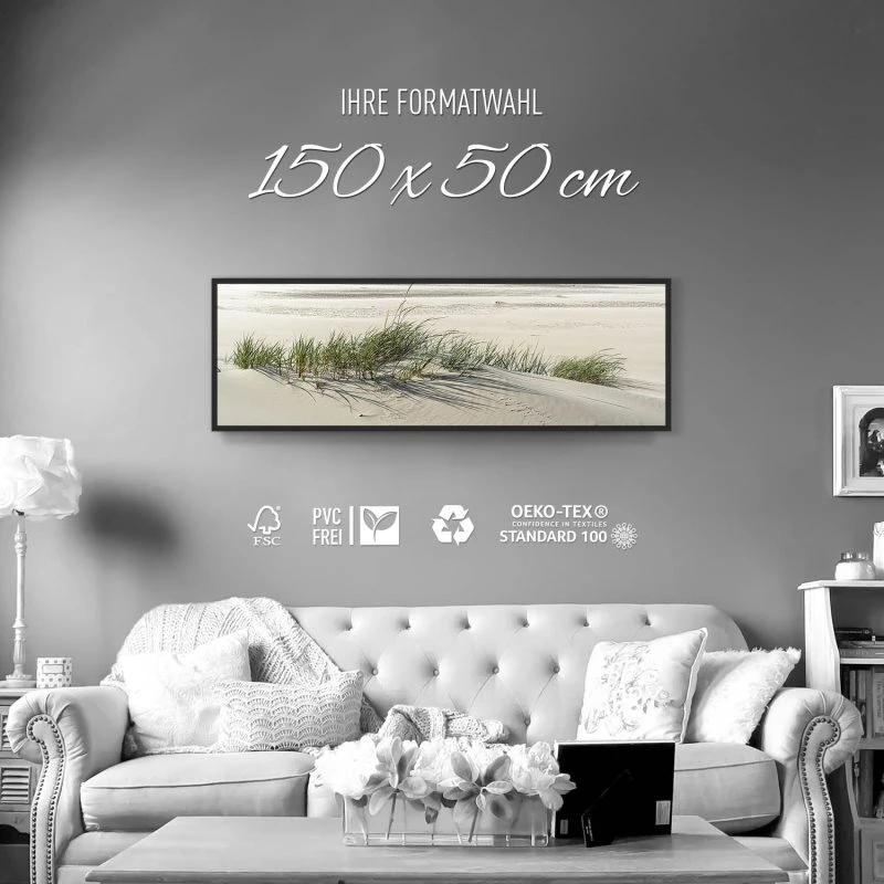 Strand & Meer Dünengras Ostsee im schwarzen Bilderrahmen, 150x50cm