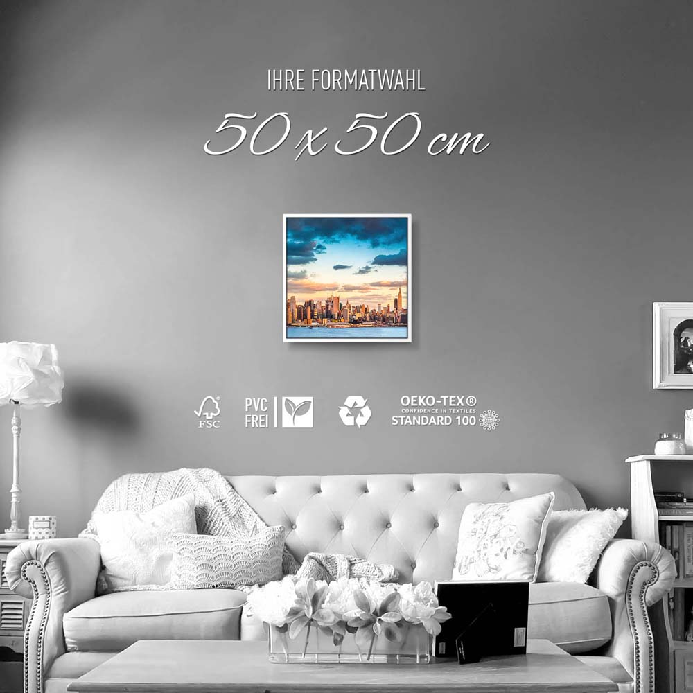 Skyline Panorama von New York im weißen Bilderrahmen, 50x50cm