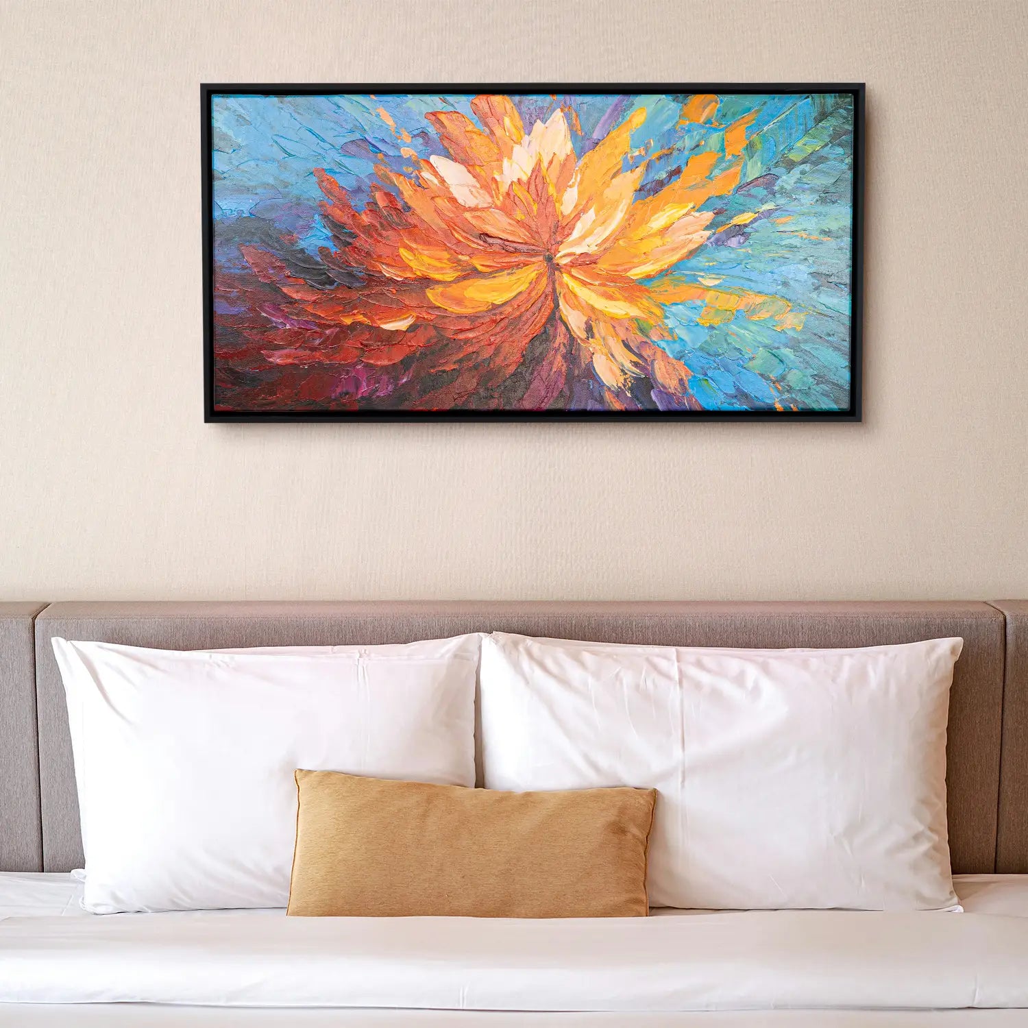 Leinwandbild handgemalt 100x50 cm im Schattenfugenrahmen Schwarz, moderne Explosion im Chaos – „Balance im Chaos“