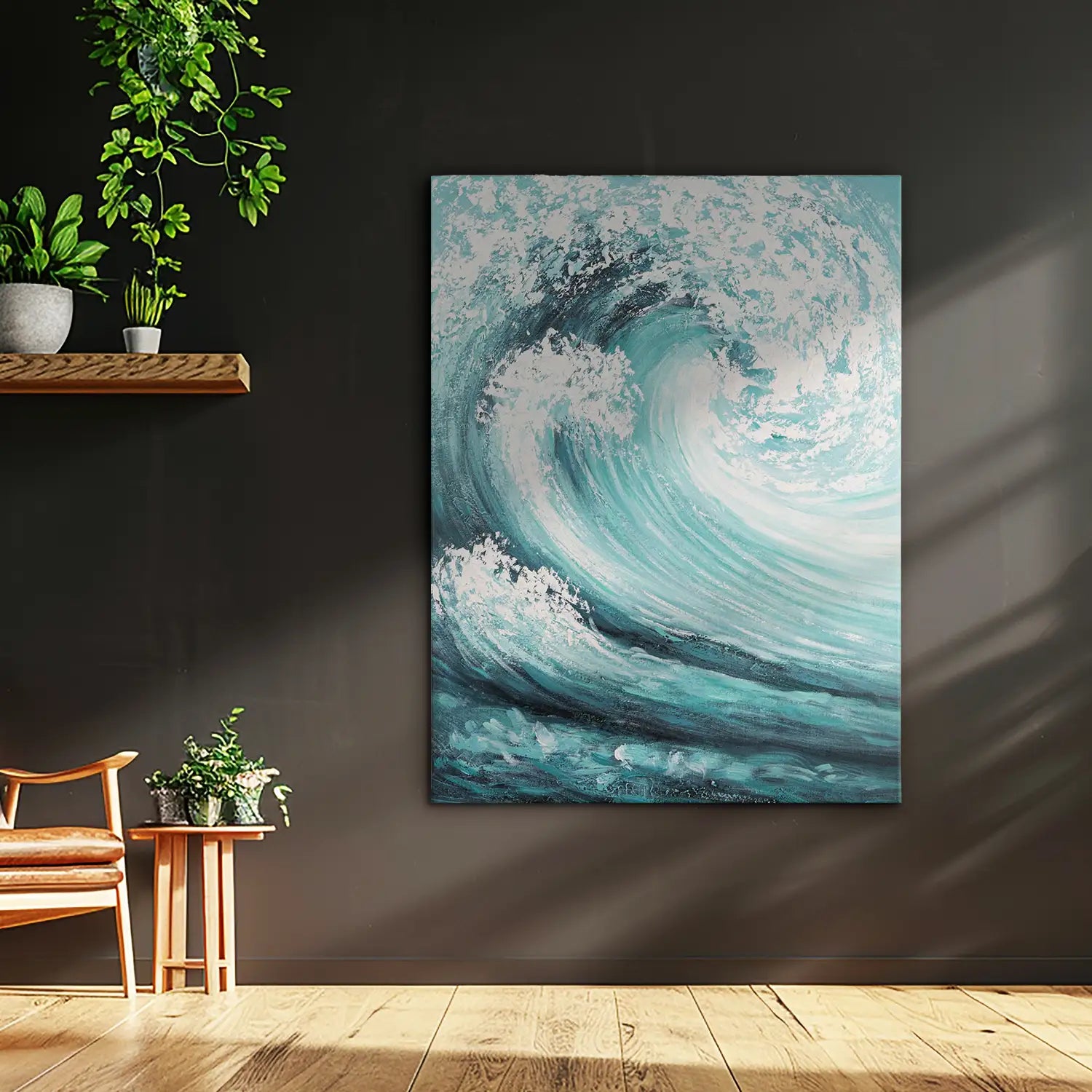 Handgemaltes Gemälde 90x120 cm ohne Rahmen – dynamische Explosion in Türkis und Weiß, ein abstrakter Ausdruck der Unendlichkeit – „Das unendliche Spiel“