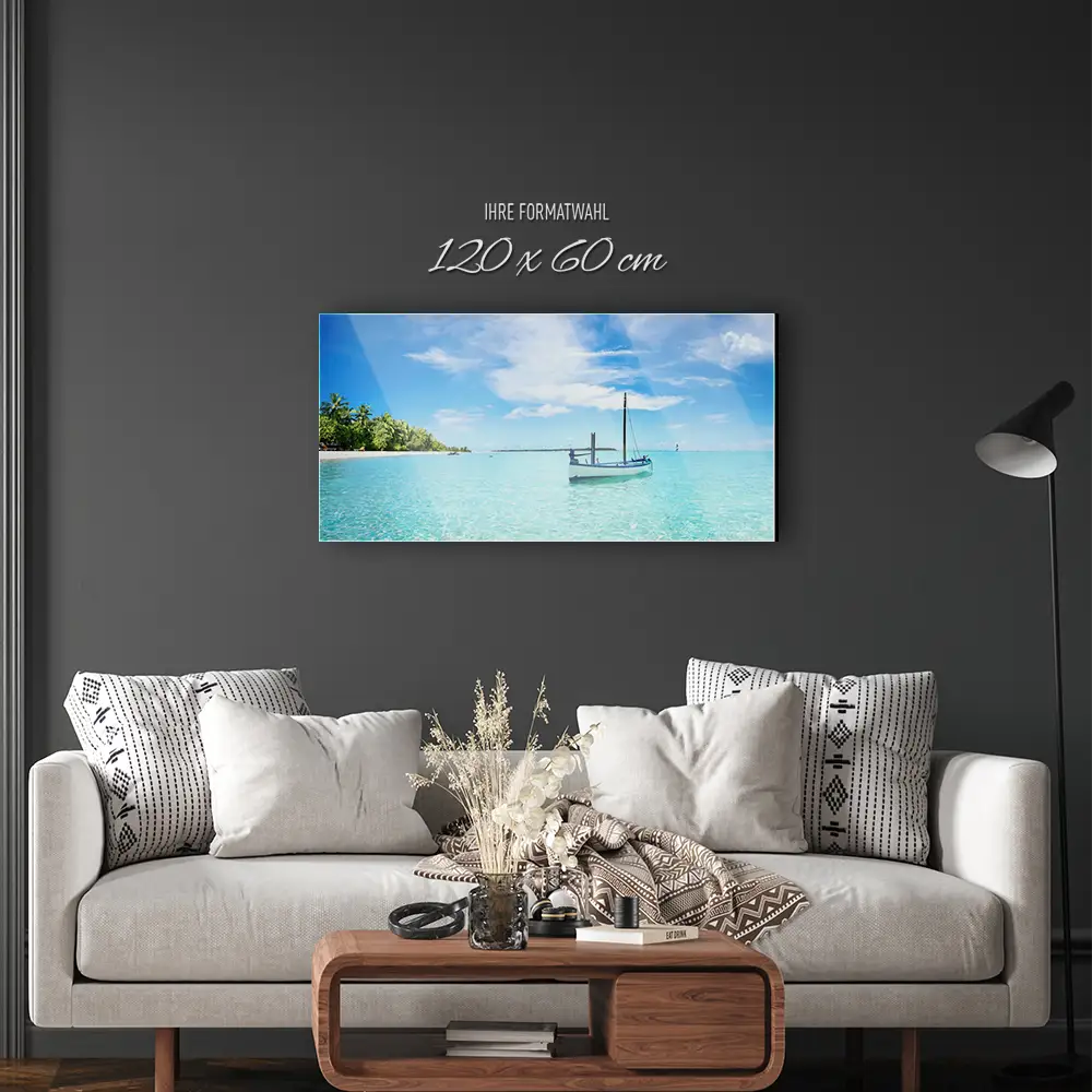 Strand & Meer Karibik Boot als Acrylglas Bild 120x60cm