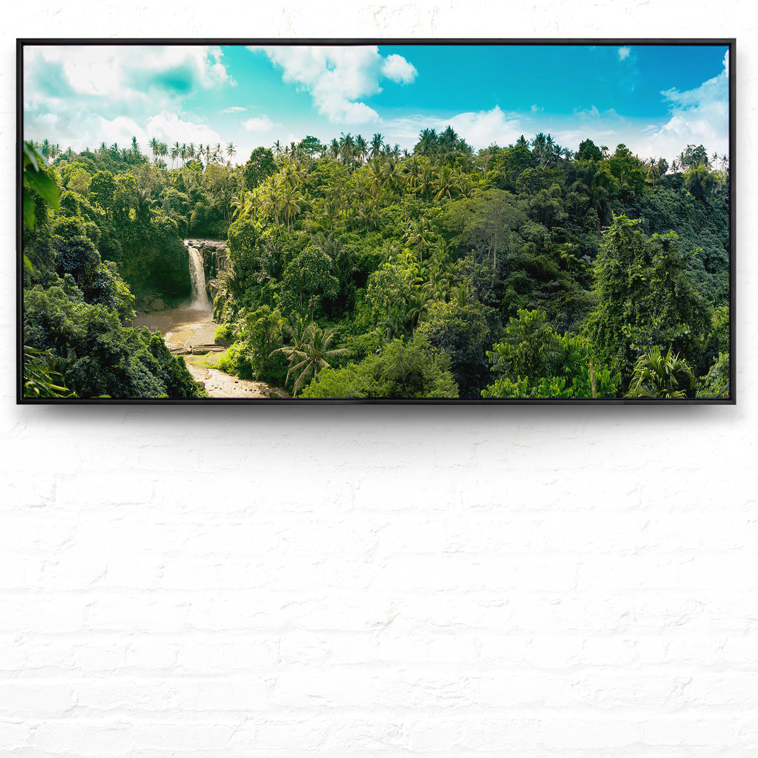 Dschungel Wasserfallpanorama im schwarzen Bilderrahmen, 120x60cm