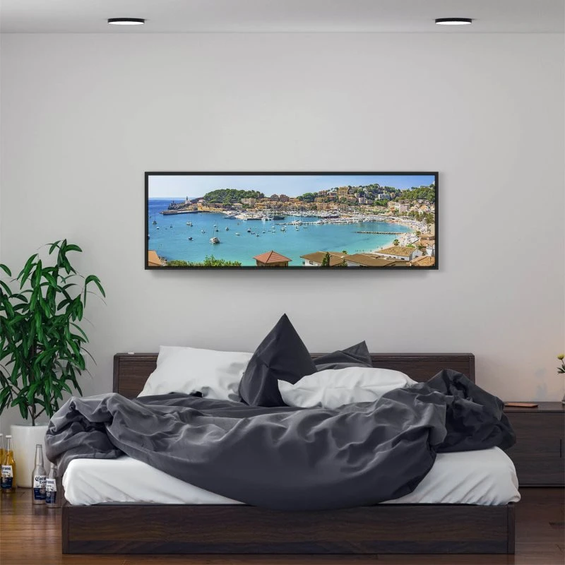 Strand & Meer Port de Soller, Mallorca im schwarzen Bilderrahmen, 150x50cm