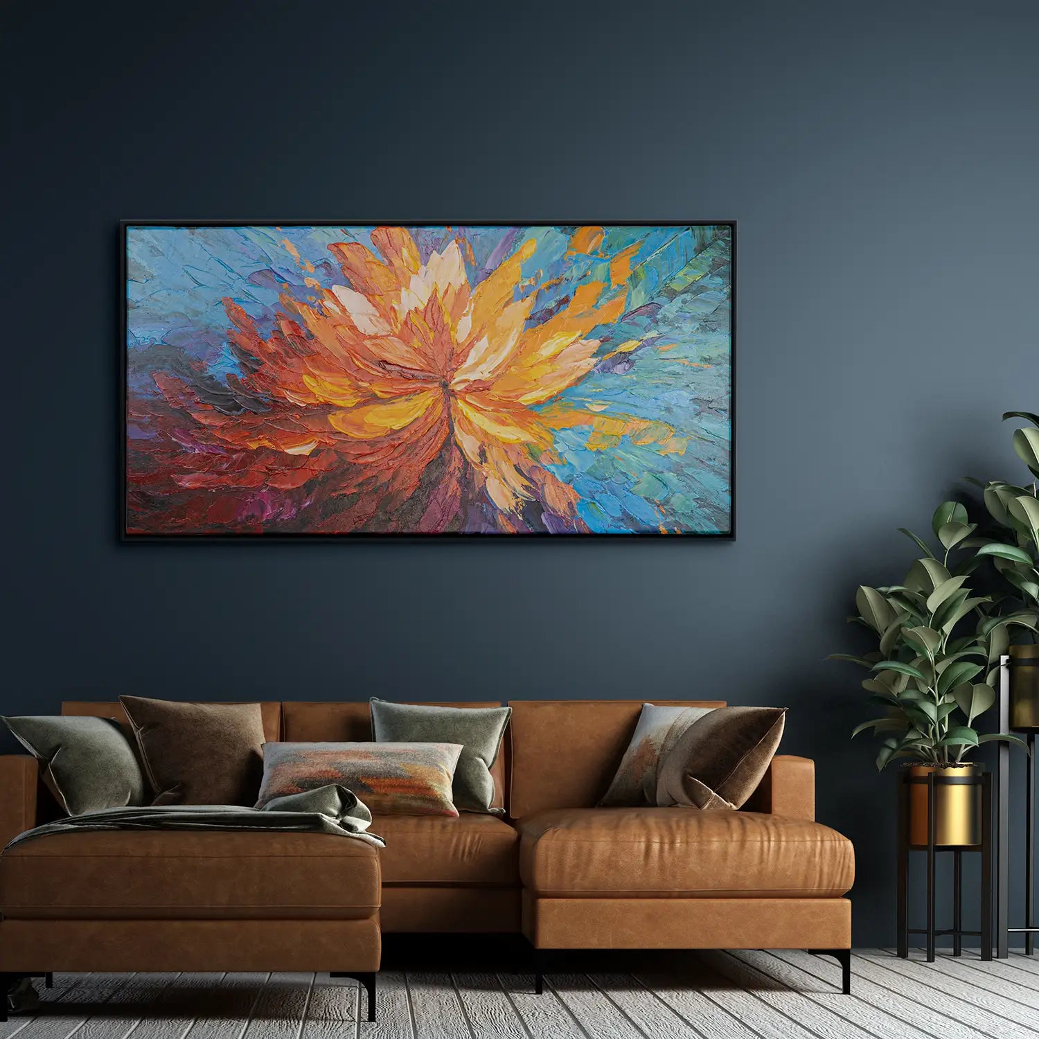 Leinwandbild handgemalt 100x50 cm im Schattenfugenrahmen Schwarz, moderne Explosion im Chaos – „Balance im Chaos“