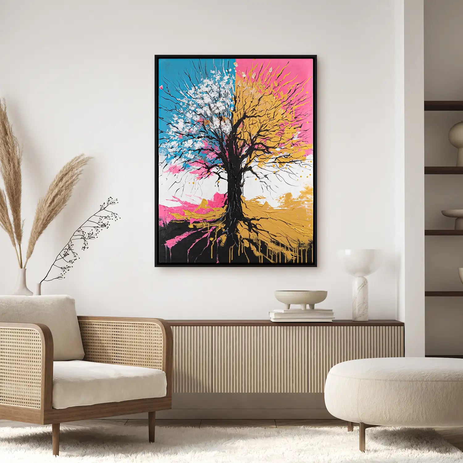 handgemaltes Gemälde 60x80 cm im Schattenfugenrahmen Schwarz – ein Baum als Wächter in Petrol, Pink und Gold – „Chromatischer Wipfel“