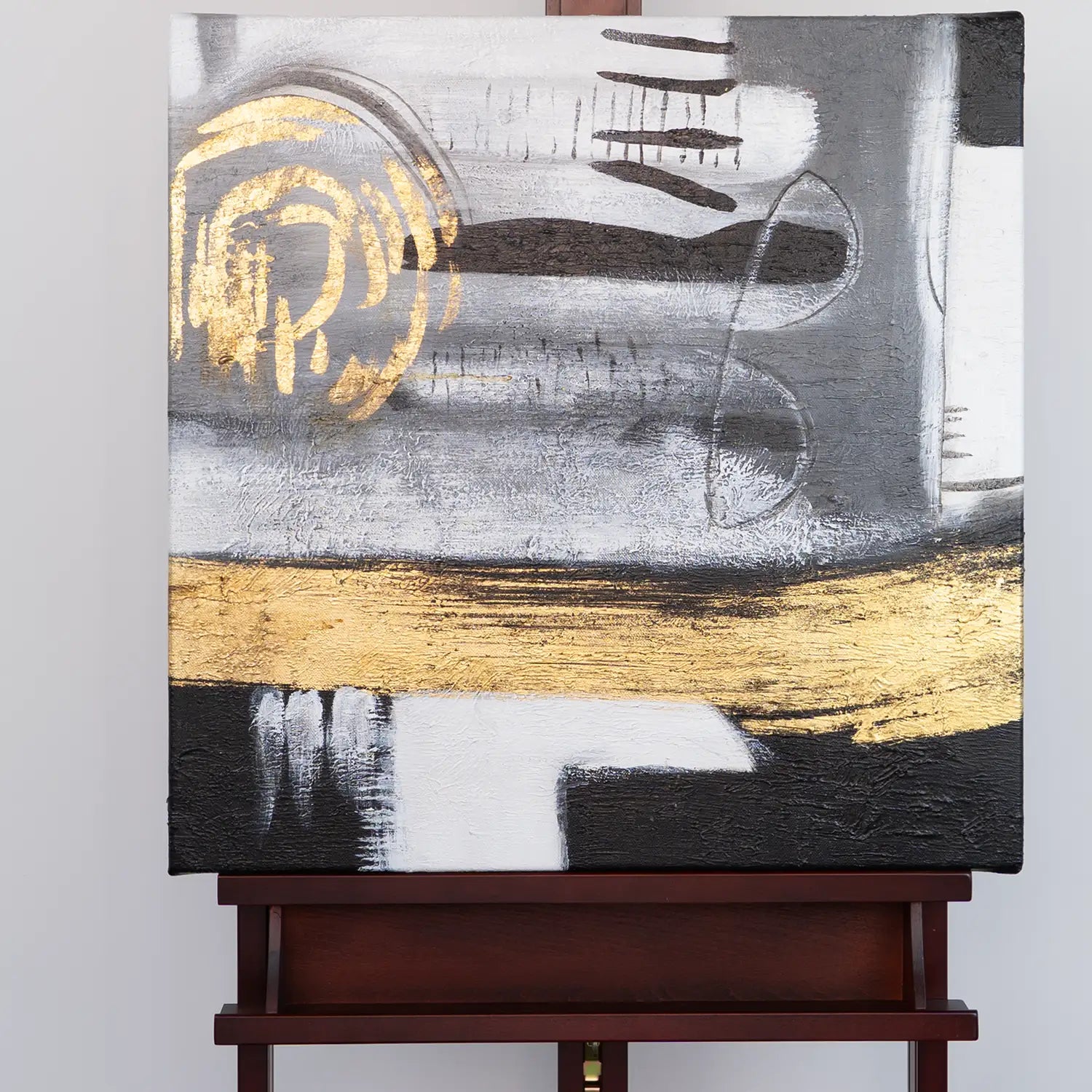 Wandbild echt handgemalt 60x60 cm ohne Rahmen, moderne Abstraktion in Gold und Grau – „Goldenes Jetzt“