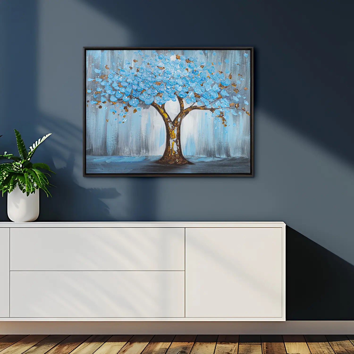 Leinwandbild 100x75 cm im Rahmen Eiche dunkel, handgemalt mit Acrylfarbe und Strukturpaste, abstrakter Baum der Natur – „Baum der Ewigkeit“