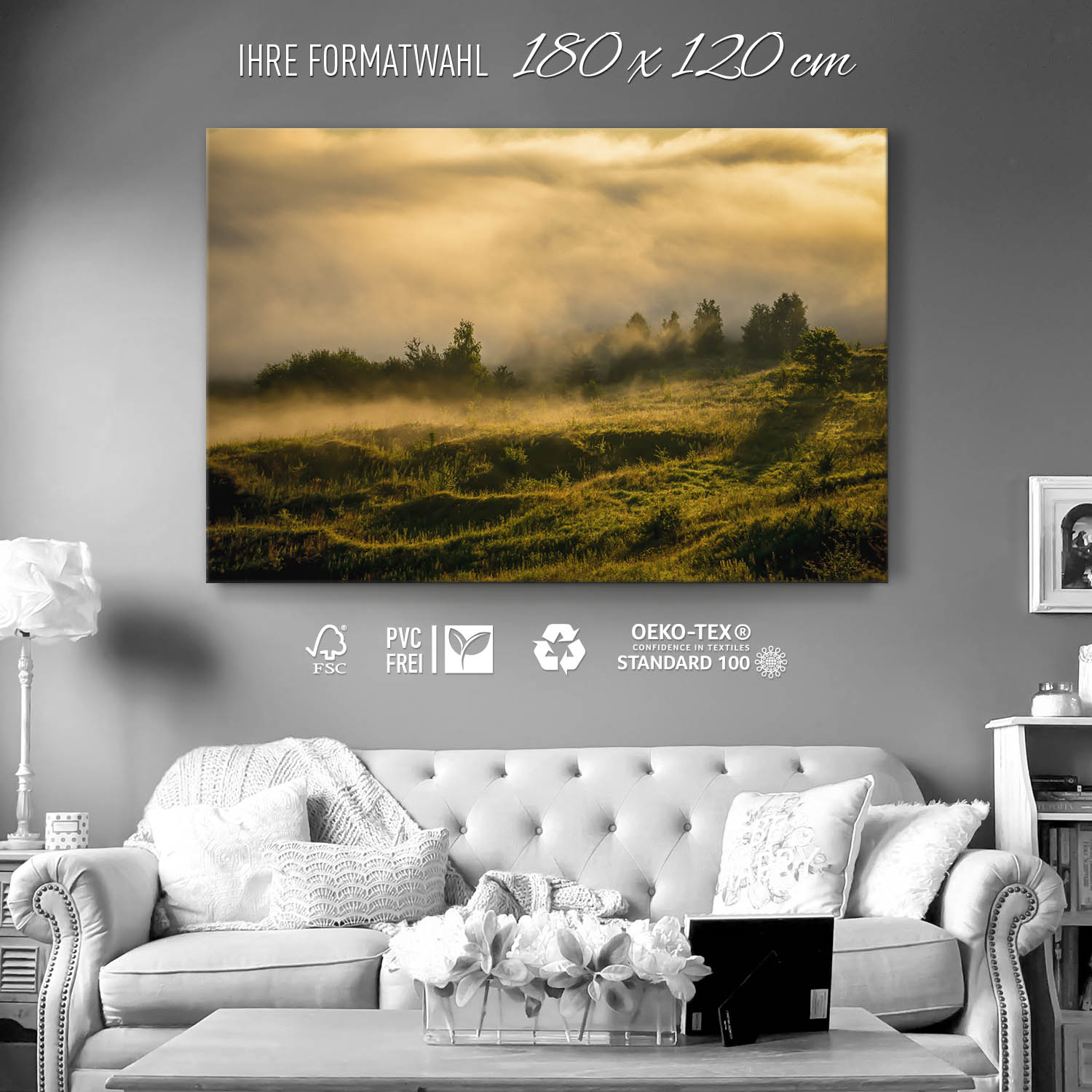 Wald Wiese Nebel am Morgen als Keilrahmenbild 180x120cm