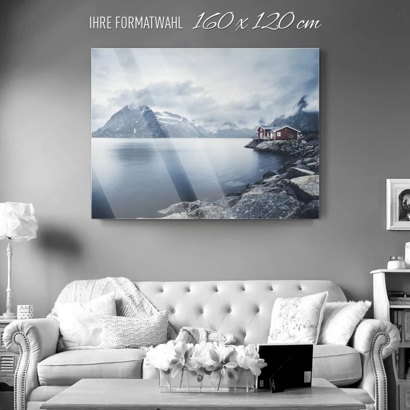 Acrylglasbild XXL, Berge & Gebirge Fischerhütte Lofoten 160x120cm groß
