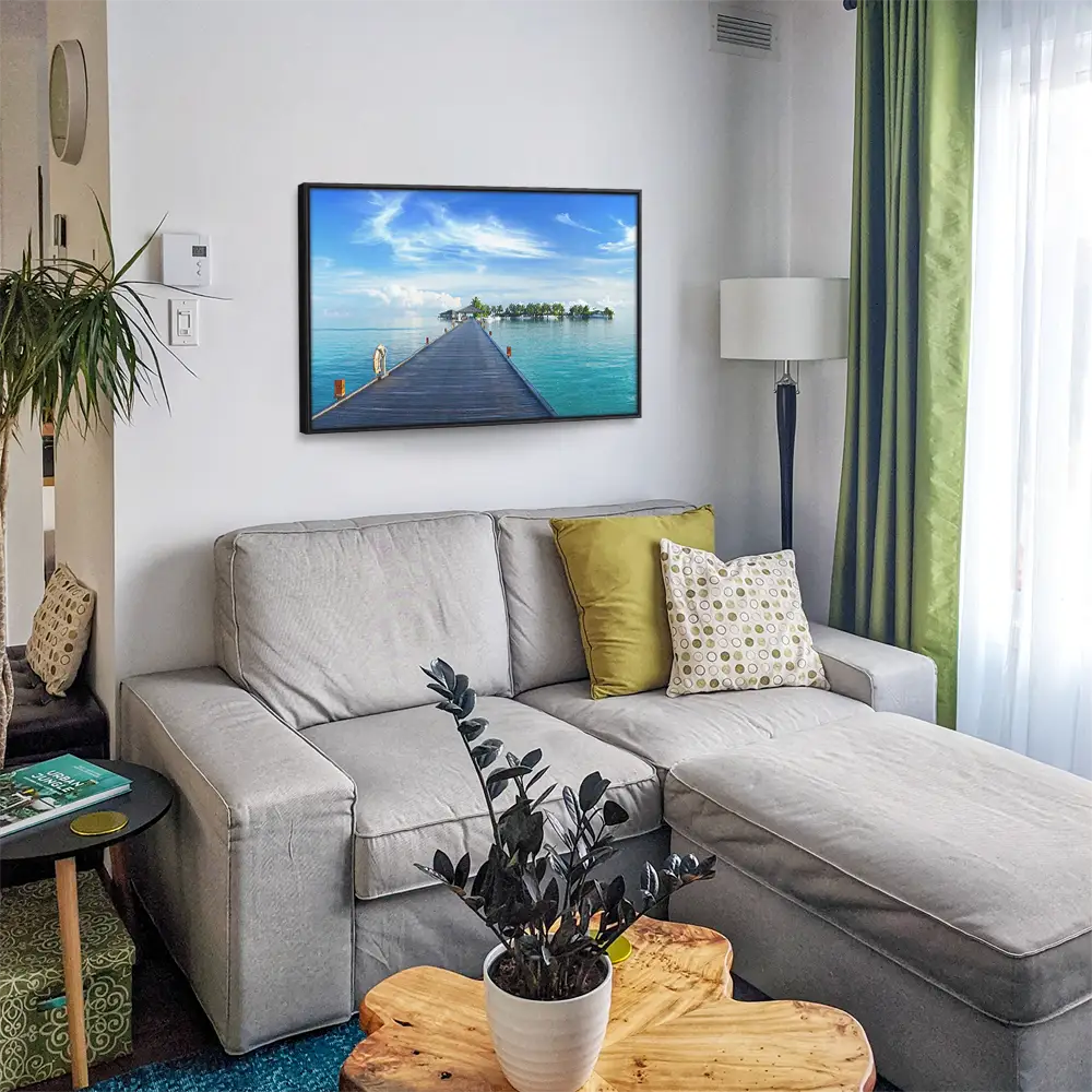 Strand & Meer Steg zur Insel im schwarzen Bilderrahmen, 120x60cm