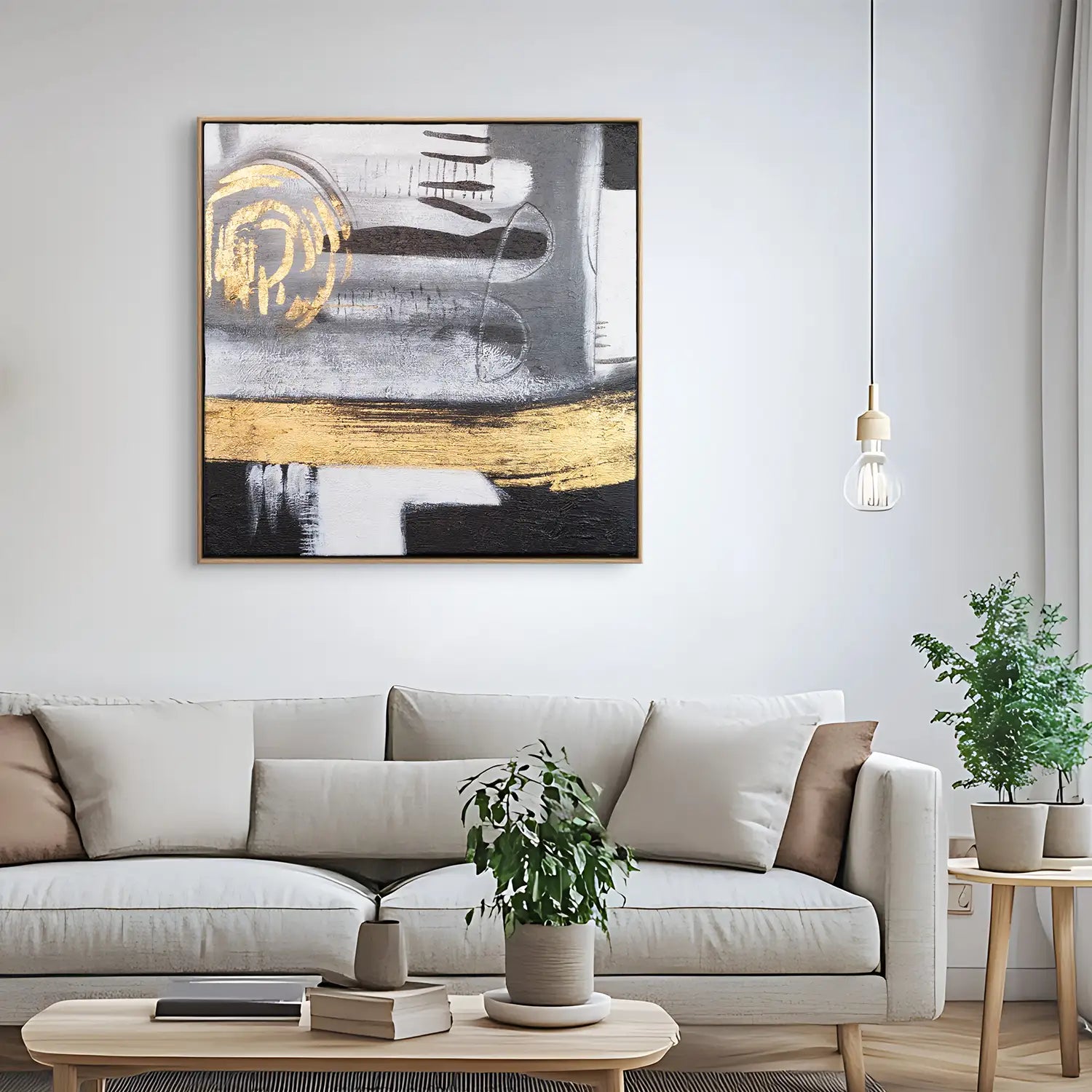 Leinwandbild handgemalt 100x100 cm im Rahmen Eiche hell, moderne Abstraktion in Gold und Grau – „Goldenes Jetzt“