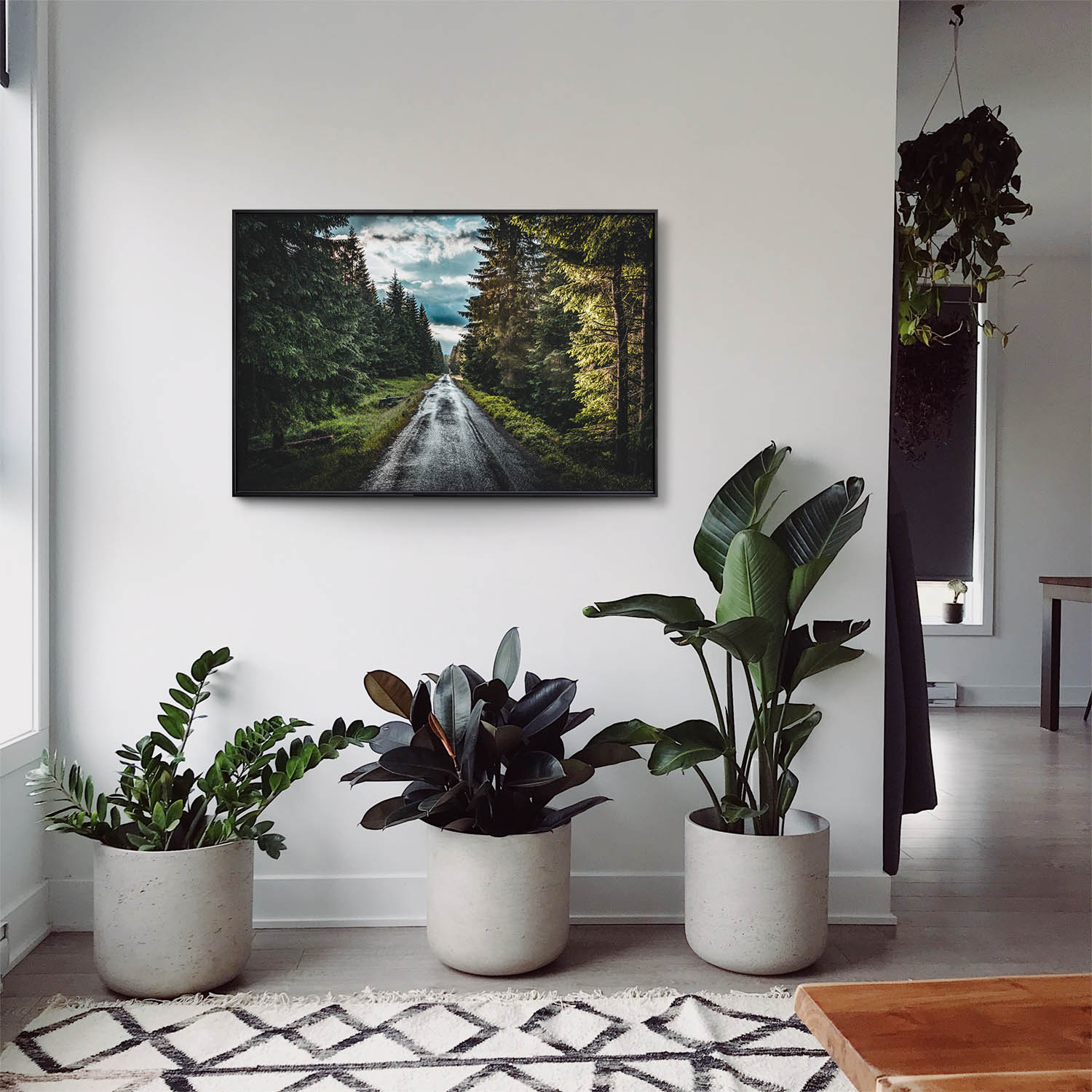 Wald & Bäume Tannenpfad im schwarzen Bilderrahmen, 80x80cm
