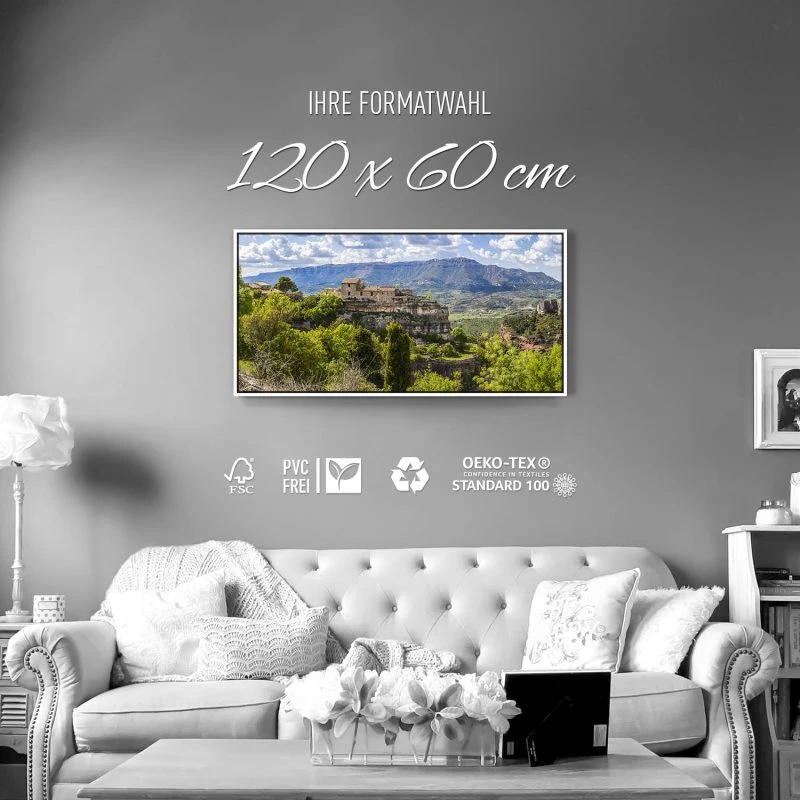 Berge & Gebirge Spanien Dorf Siurana im weißen Bilderrahmen, 120x60cm