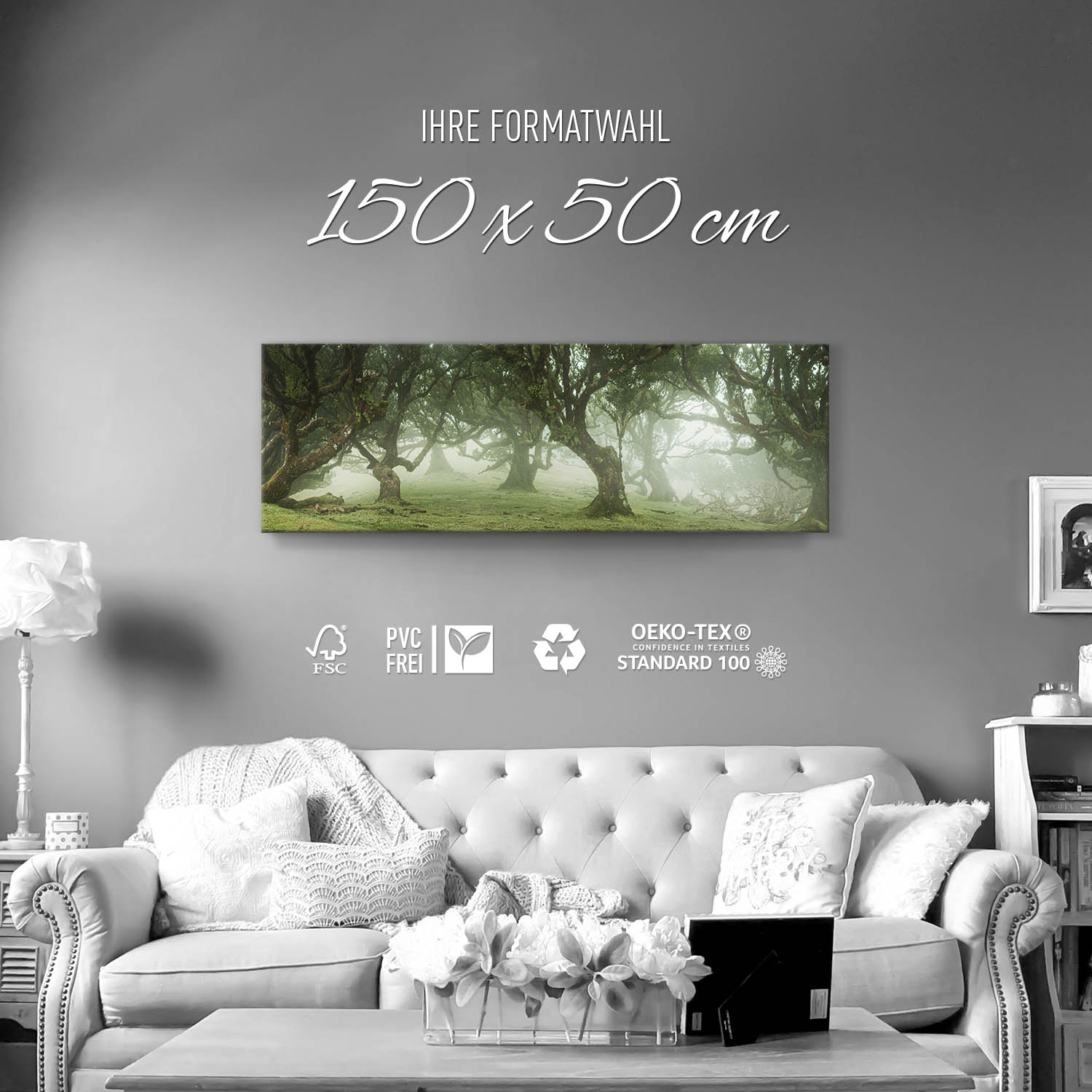 Keilrahmenbild 150x50cm, Wald & Bäume Nebel Gestalten