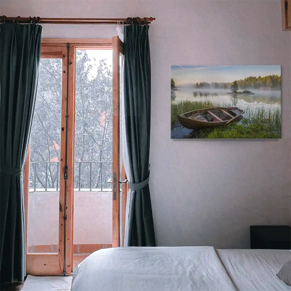 Leinwandbild 120x60cm Flüsse & Seen, Boot Nebel See Schweden