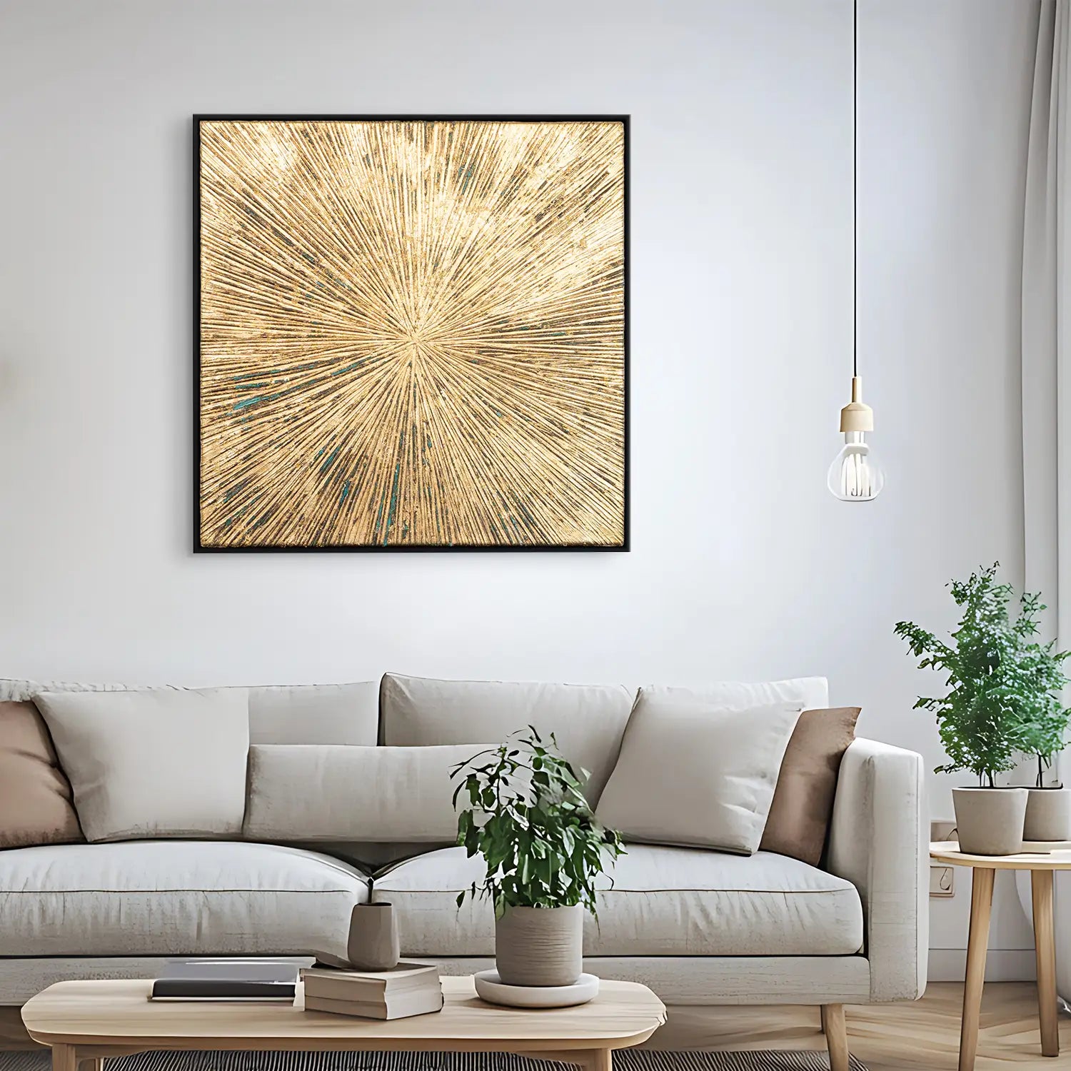 Gemälde 80x80 cm im Schattenfugenrahmen Schwarz, ein Spiel aus Licht und Schatten in Gold – „Schatten des Seins“