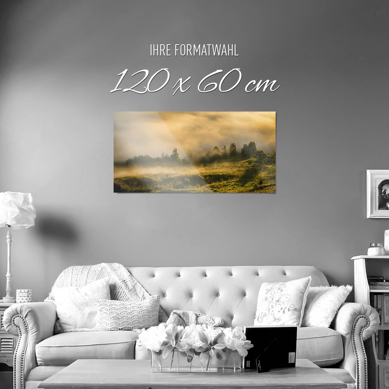 WandPoster 120x60cm Nebel am Morgen, Wald Wiese
