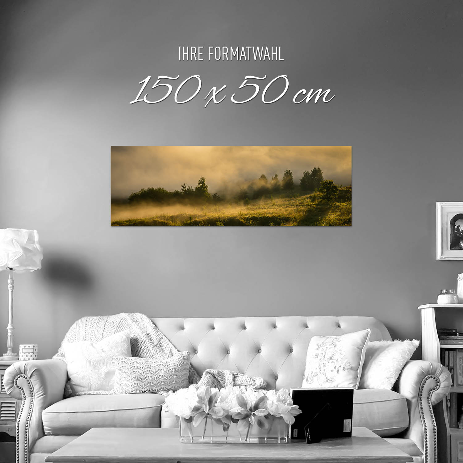 Panorama Poster 150x50cm, Wald Wiese Nebel am Morgen