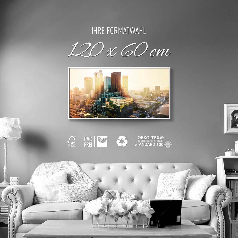 Skyline Los Angeles Sunset im weißen Bilderrahmen, 120x60cm