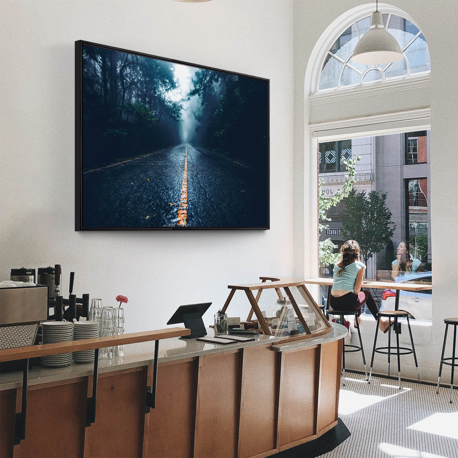 Wald & Bäume Straßenperspektive im schwarzen Bilderrahmen, 180x90cm