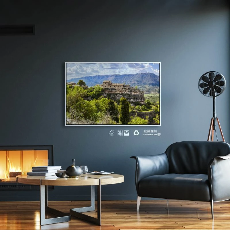 Berge & Gebirge Spanien Dorf Siurana im weißen Bilderrahmen, 120x60cm