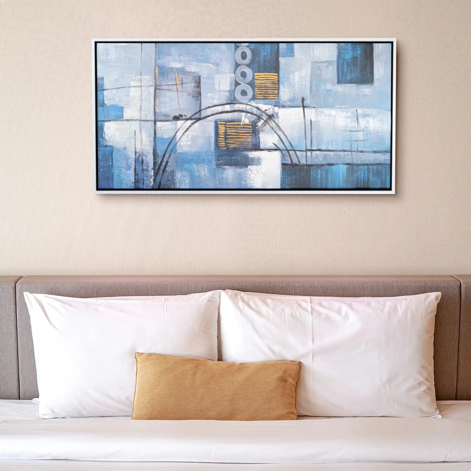 Gemälde 160x80 cm im Schattenfugenrahmen Weiß, abstrakte Strömungen in tiefem Blau – ein Dialog der Intuition und Empfindung – „Wege der Intuition“