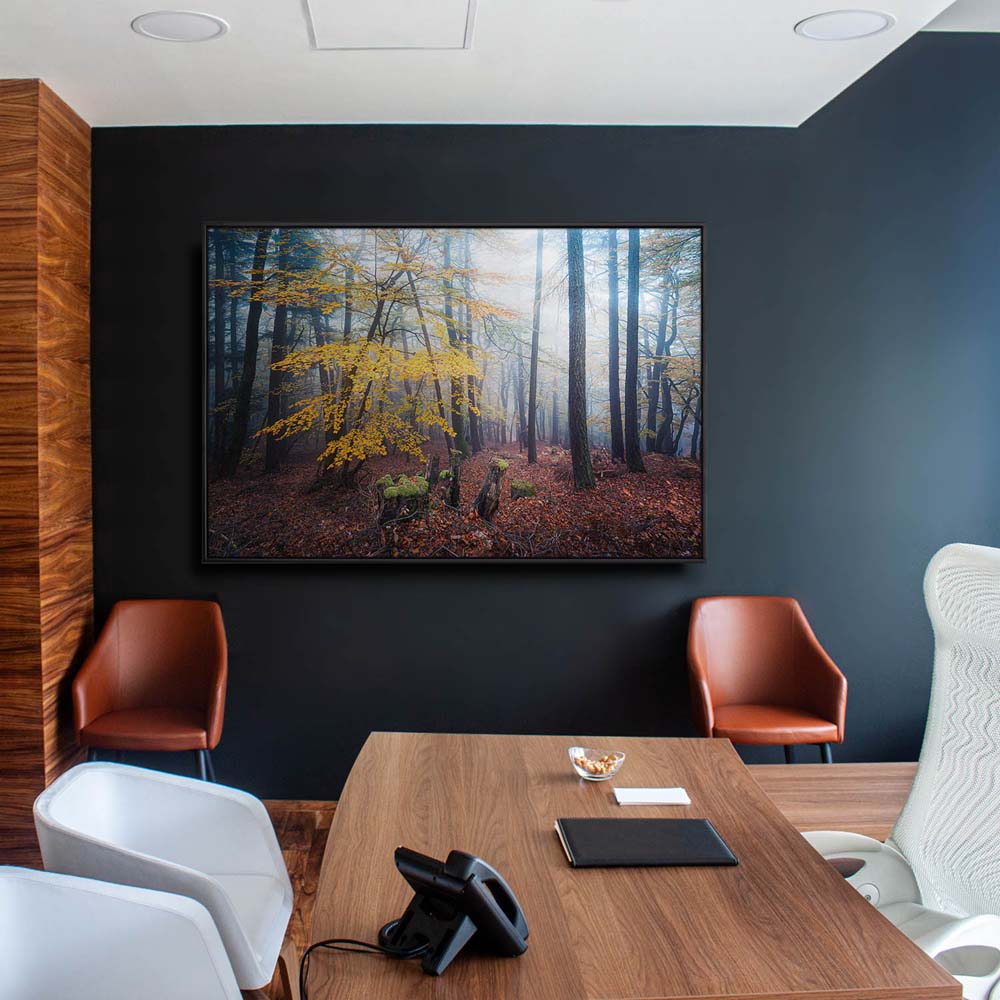 Wald & Nebel Herbst im Pfläzerwald  im schwarzen Bilderrahmen, 180x90cm